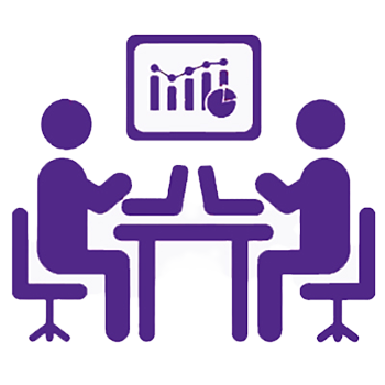 Icon image of two people using laptops viewing a chart