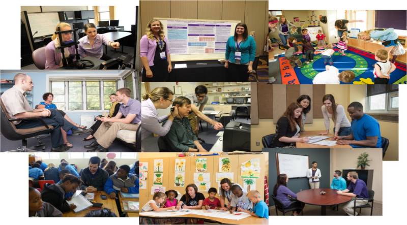 A collage of FSHS students (from left to right and top to bottom): Eye-tracking experiment in Communication Sciences & Disorders; Two students presenting their research poster; Children playing at Early Childhood's teaching lab; Couple and Family Therapy students working at the Family Center clinic; Students provide audiology testing at the Speech and Hearing Center; Grad students work on a group project; Conflict Resolution student studying abroad in South Africa; Youth Development students working with children; Student practicing mediation skills