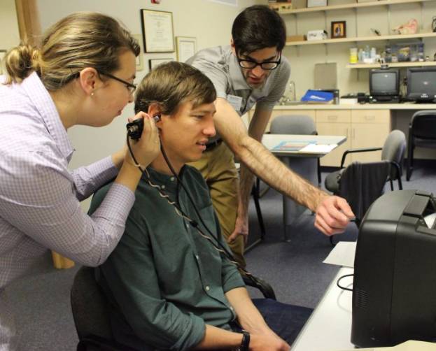 Communication Sciences and Disorders students conducting audiology resesarch