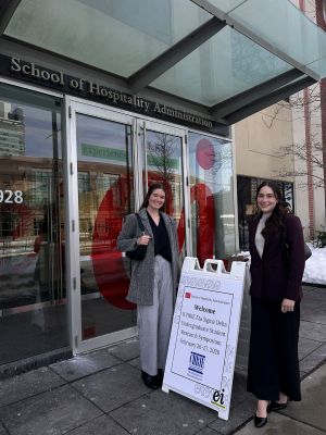Abby Fleischer and Lili McCallum, EHM Students posing outside the School of Hospitality Management in Boston