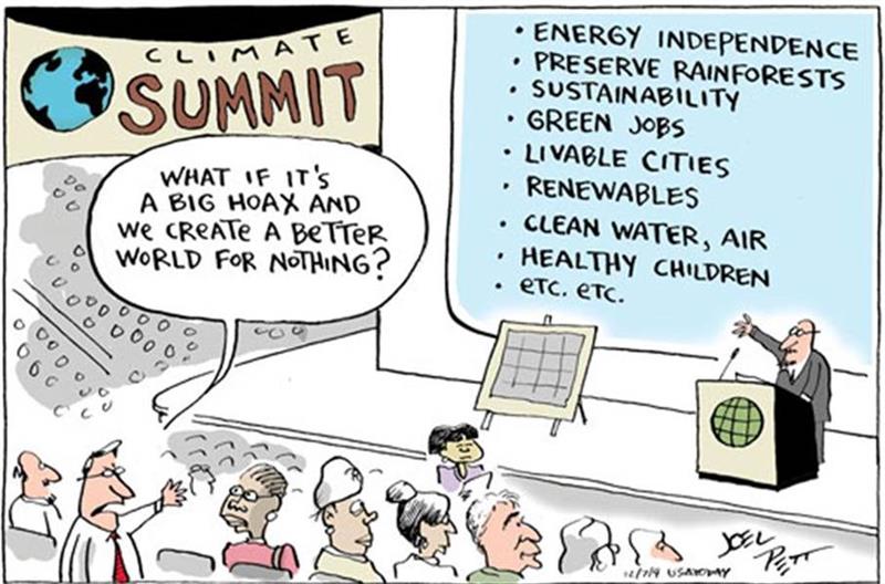 Climate summit cartoon, attendee asks, "What if it's a big hoax and we create a better world for nothing"