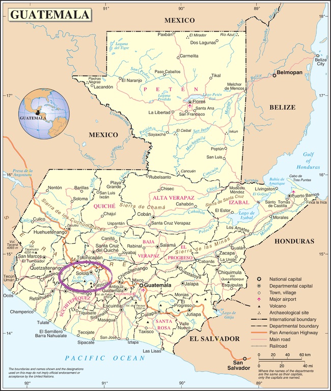 Map of Guatemala and location of Lake Atitlan area.