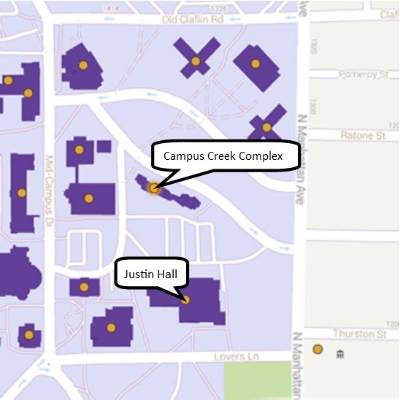 Map of Justin Hall and Campus Creek Complex