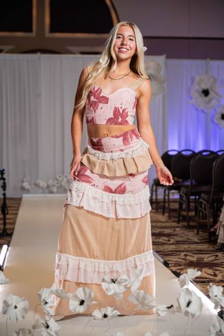 Model in pink layered dress